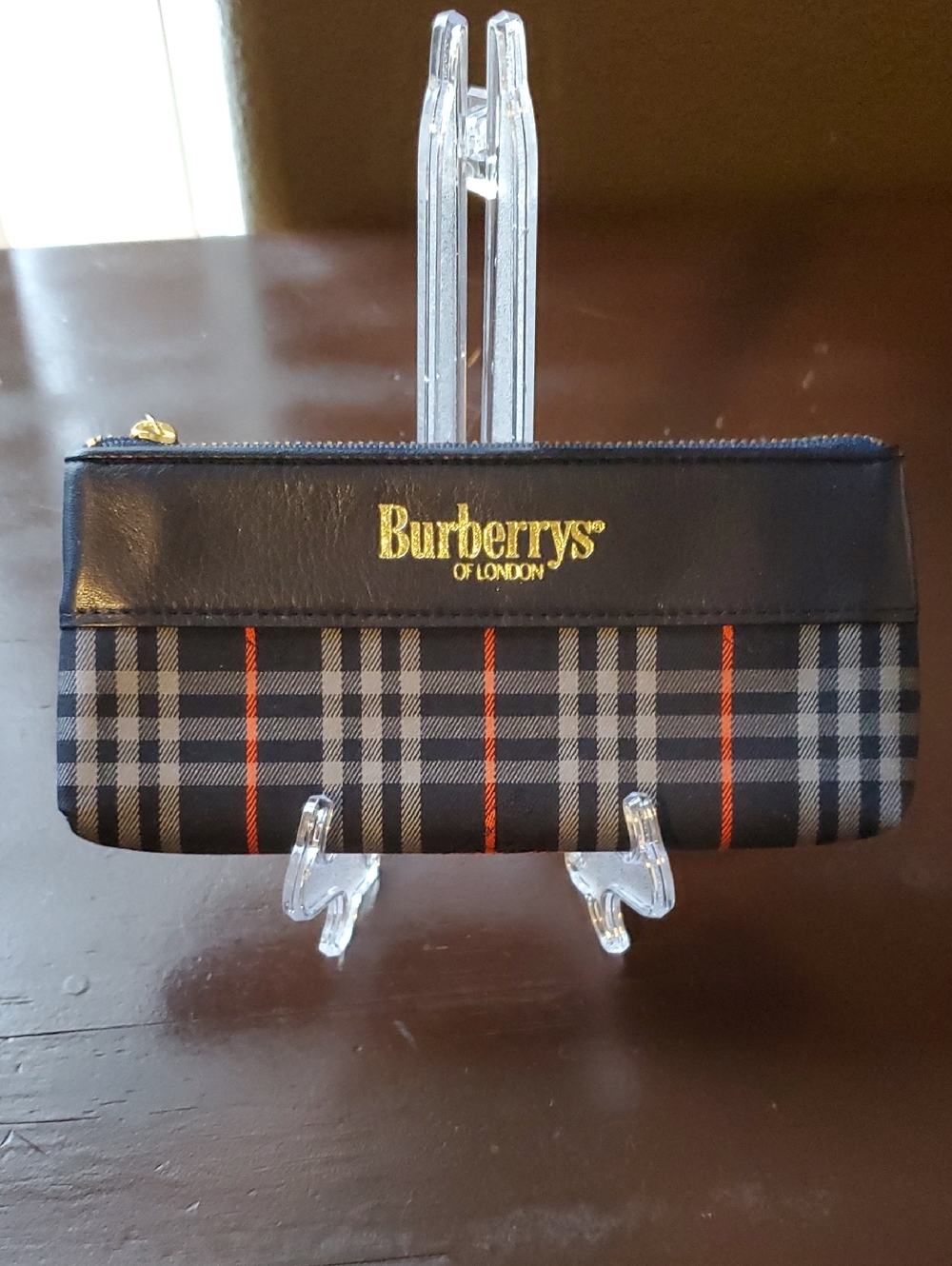 Burberrys of London Plaid Zip Wallet in Black and Tan with Red Accents